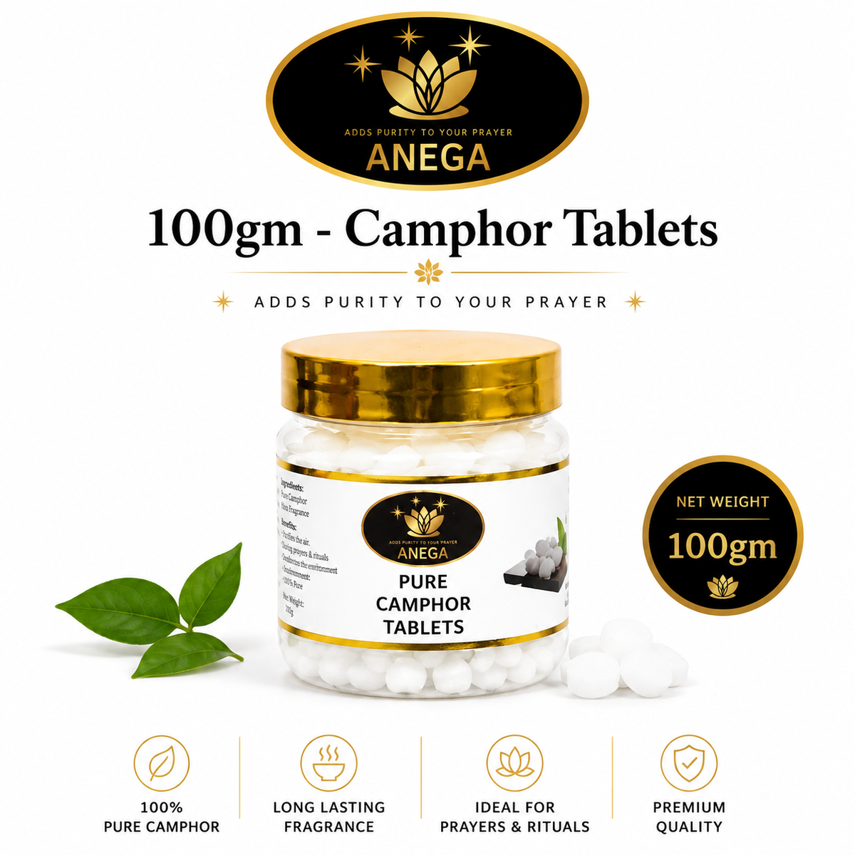ANEGA Pure Pooja Camphor Tablets - 100gm Jar