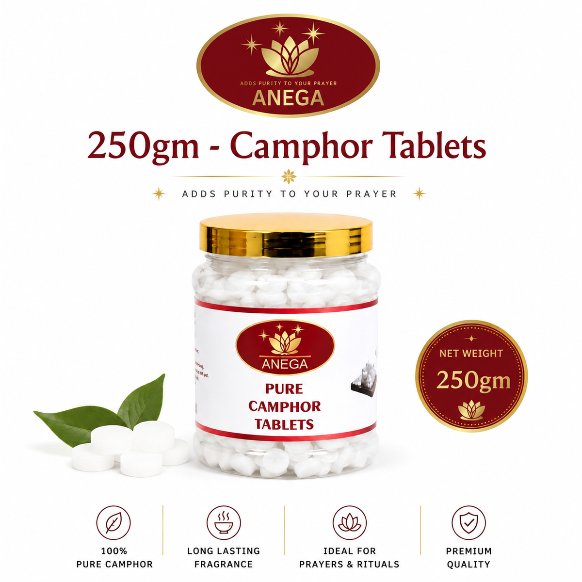 ANEGA Pure Pooja Camphor Tablets - 250gm Jar