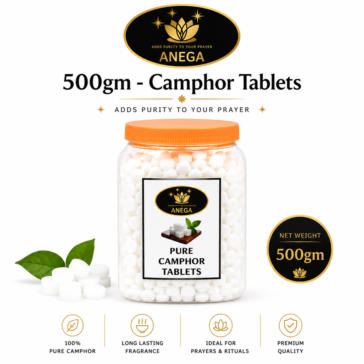 ANEGA Pure Pooja Camphor Tablets - 500gm Jar