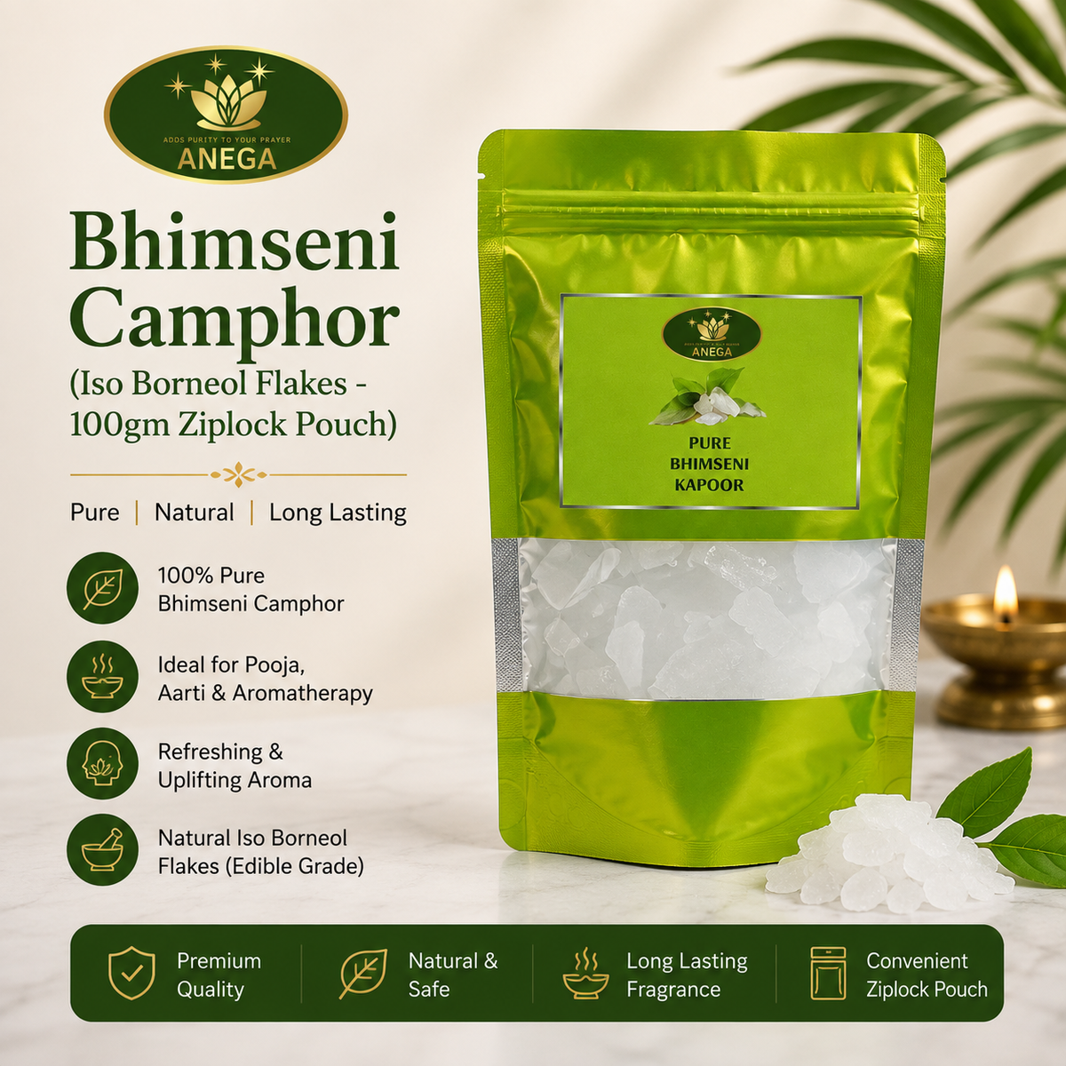 ANEGA Bhimseni Camphor - 100gm Ziplock Pouch