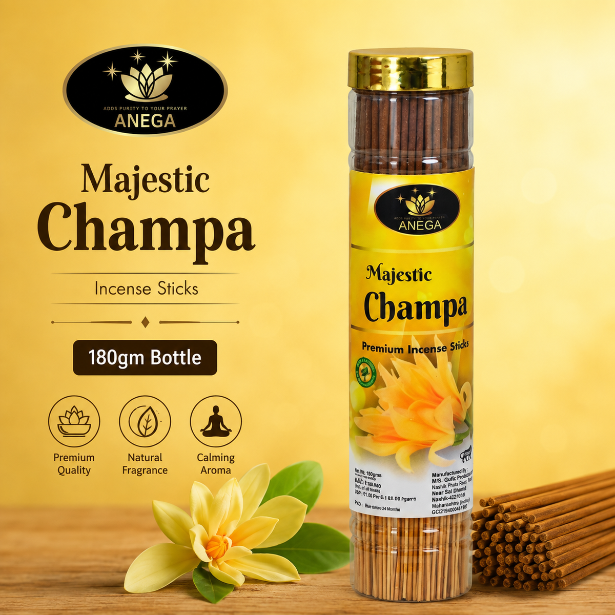 ANEGA Majestic Champa - Agarbatti 180gm Bottle