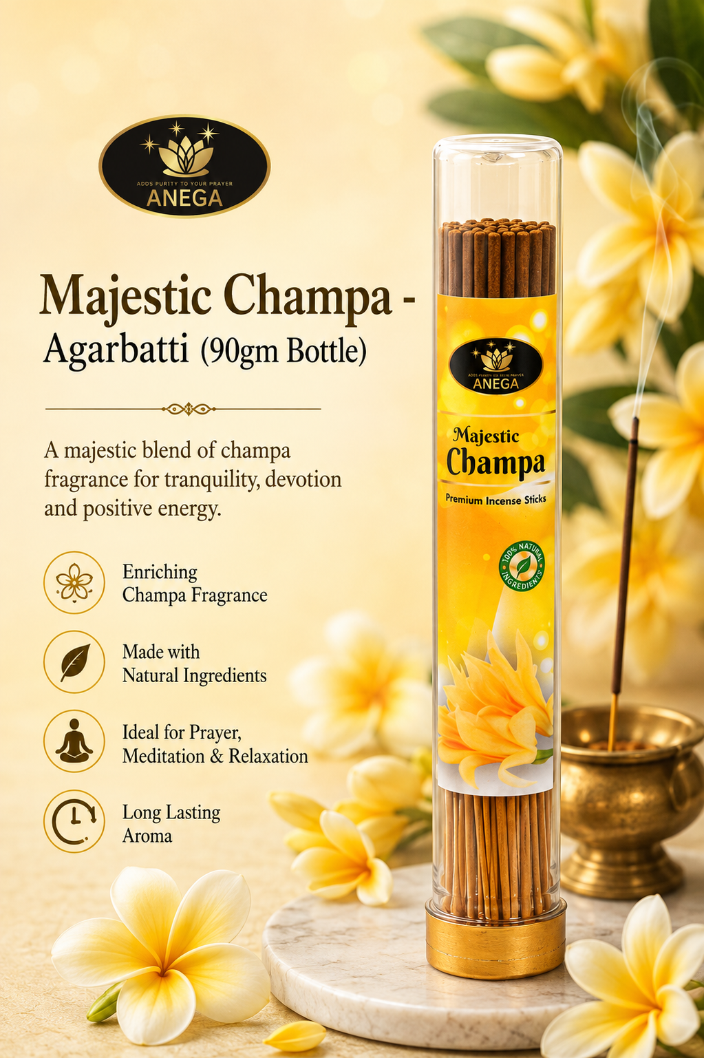 ANEGA Majestic Champa - Agarbatti 90gm Bottle