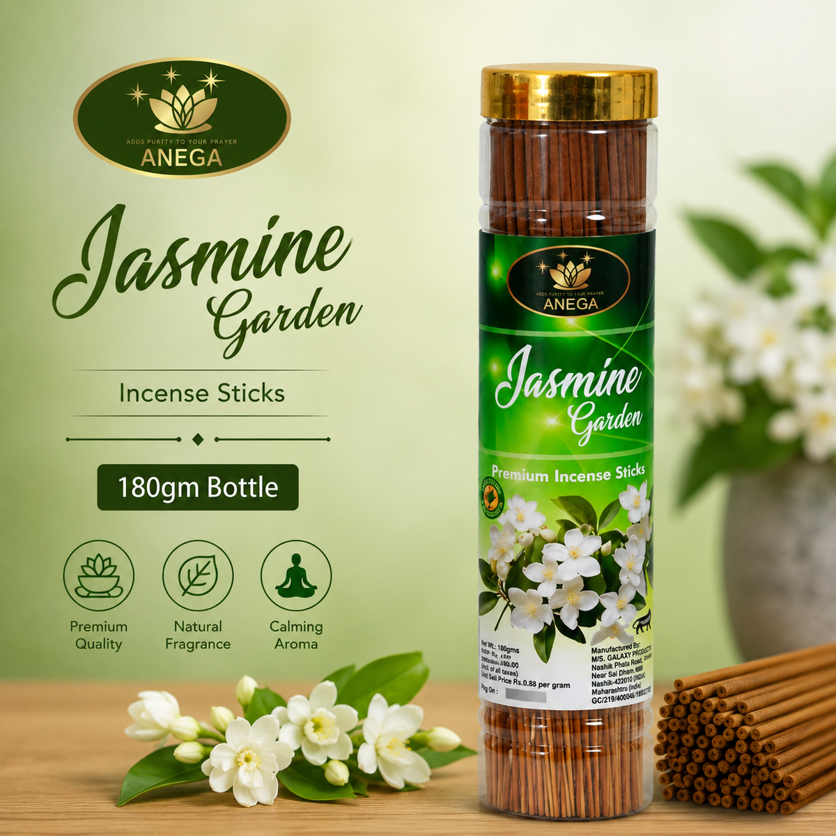 ANEGA Jasmine Garden - Agarbatti 180gm Bottle