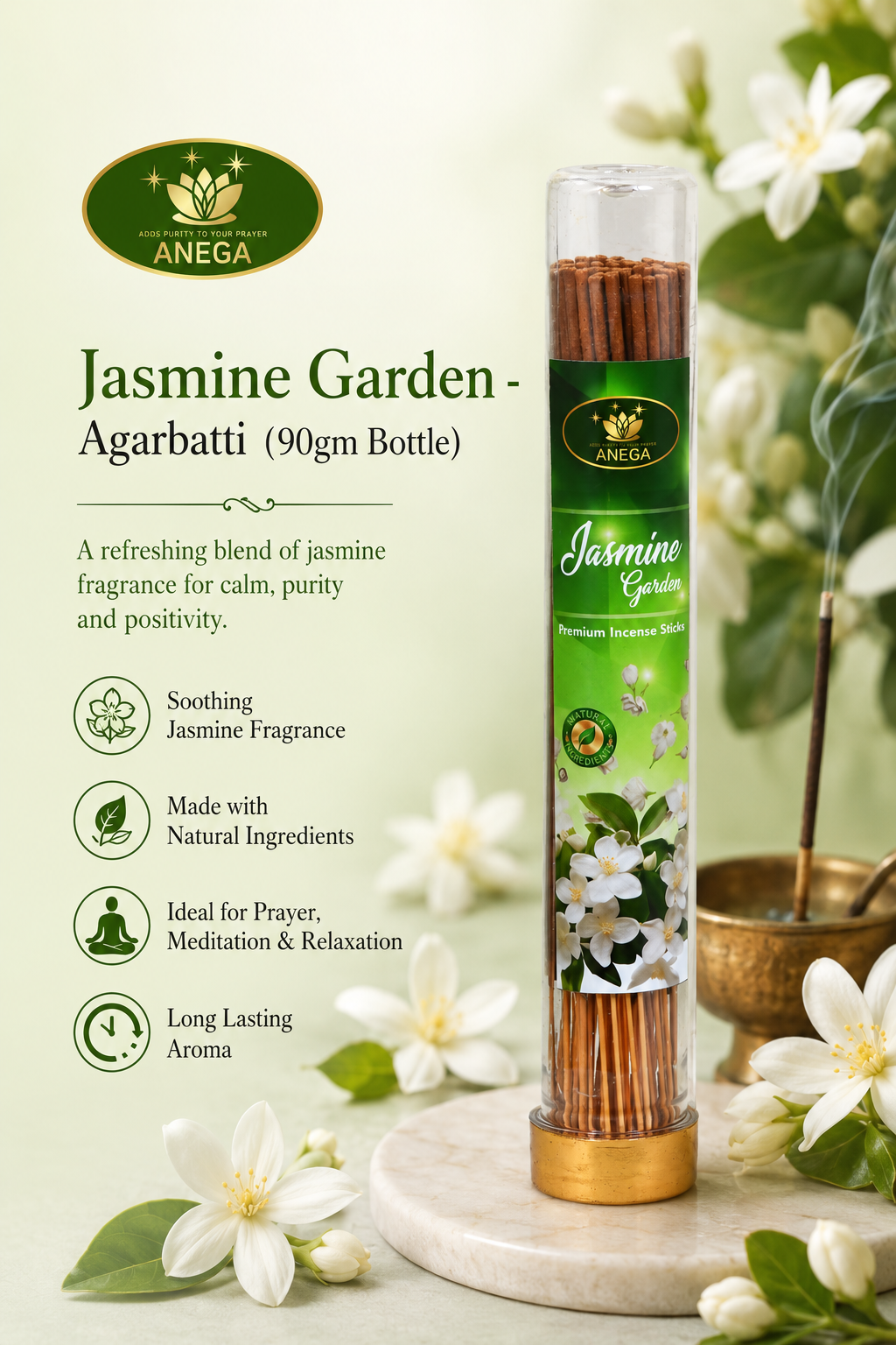 ANEGA Jasmine Garden - Agarbatti 90gm Bottle