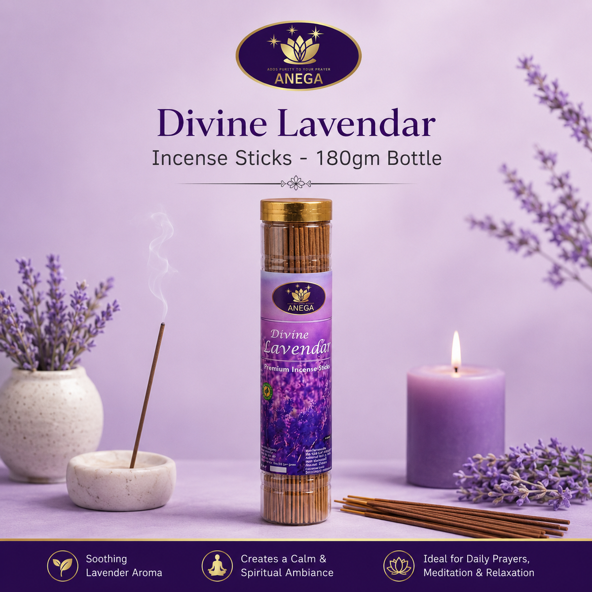 ANEGA Divine Lavendar - Agarbatti 180gm Bottle
