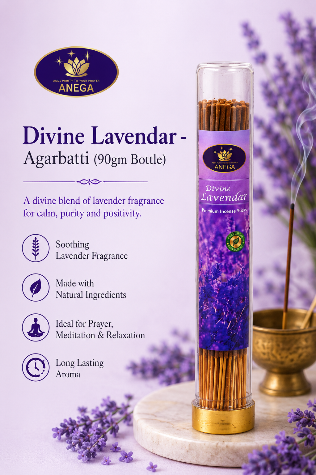 ANEGA Divine Lavendar - Agarbatti 90gm Bottle