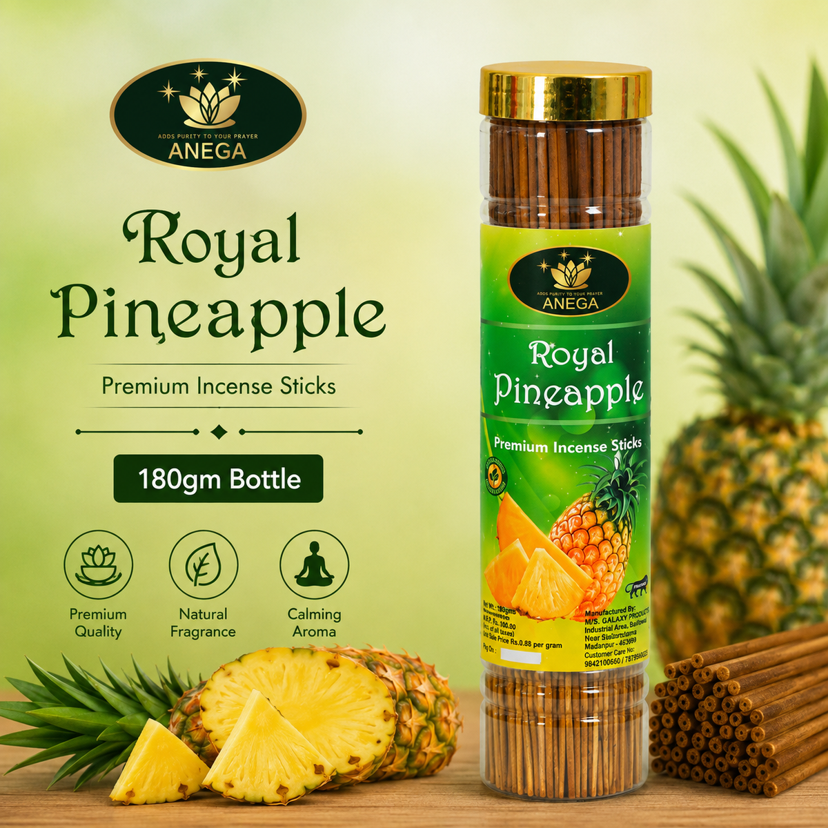 ANEGA Royal PineApple - Agarbatti 180gm Bottle
