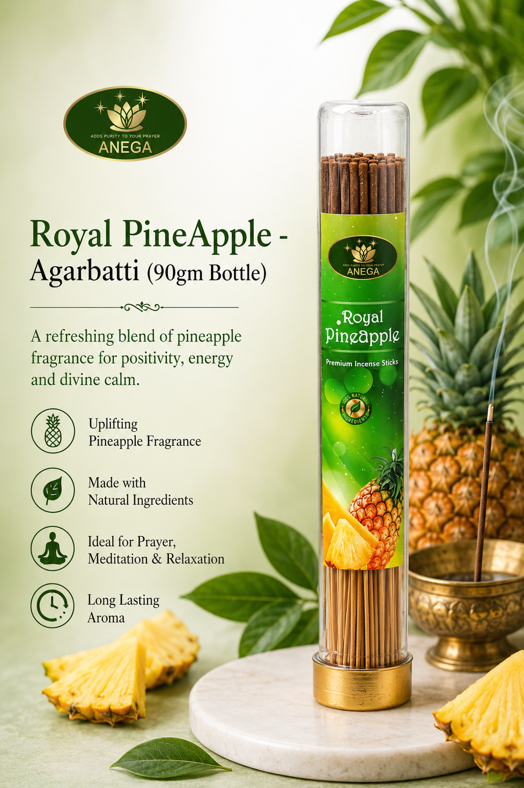 ANEGA Royal PineApple - Agarbatti 90gm Bottle