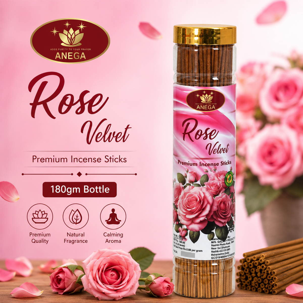 ANEGA Rose Velvet - Agarbatti 180gm Bottle