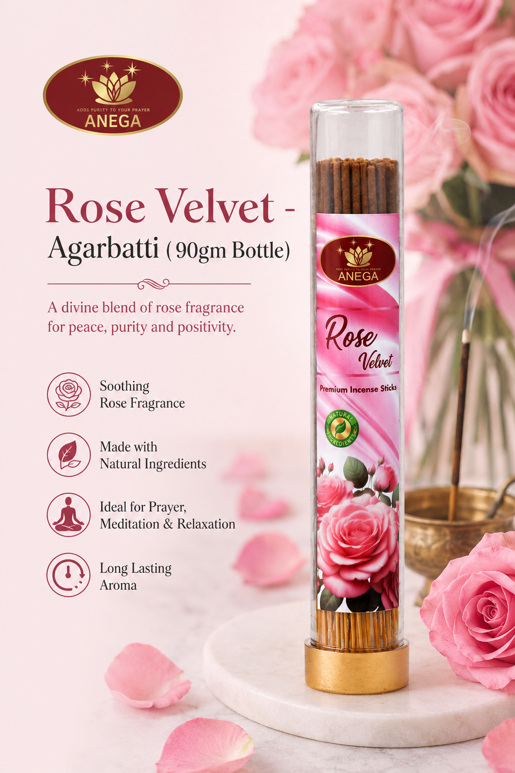 ANEGA Rose Velvet - Agarbatti 90gm Bottle