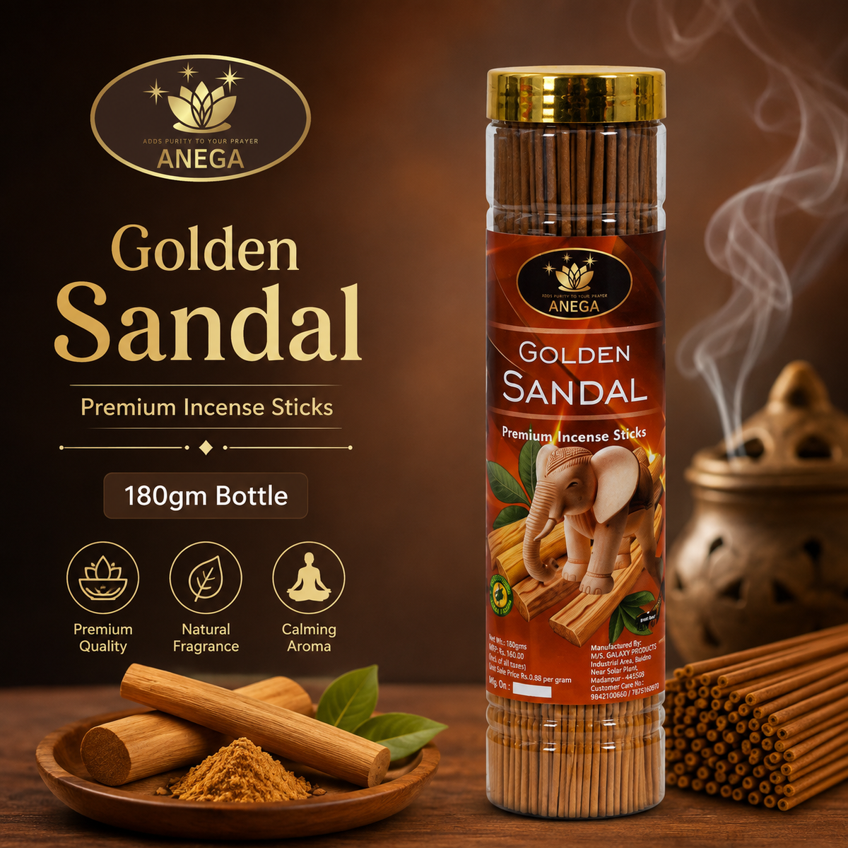 ANEGA Golden Sandal - Agarbatti 180gm Bottle