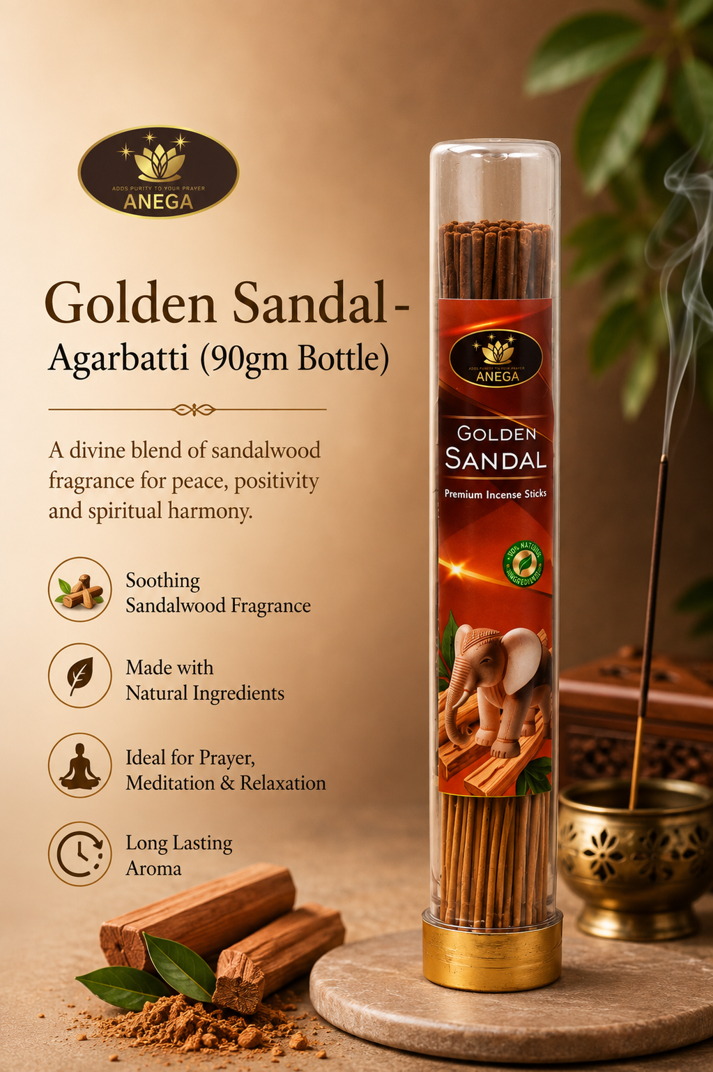 ANEGA Golden Sandal - Agarbatti 90gm Bottle
